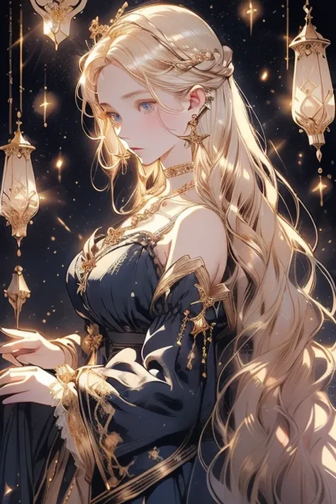 lamplight, beautiful woman, gold eyes, (Detailed eyes, The eyes are bright), Long blonde hair, pale-skinned, earrings, necklace, medium skin, dark blue dress, Meticulous gown, golden accessories on clothes, blue flowers on hair, (perfect anatomia), Highqua...