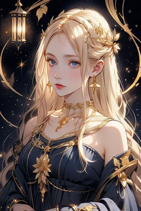 lamplight, beautiful woman, gold eyes, (Detailed eyes, The eyes are bright), Long blonde hair, pale-skinned, blue earrings, blue necklace, medium skin, dark blue dress, Meticulous gown, golden accessories on clothes, blue flowers on hair, (perfect anatomia...