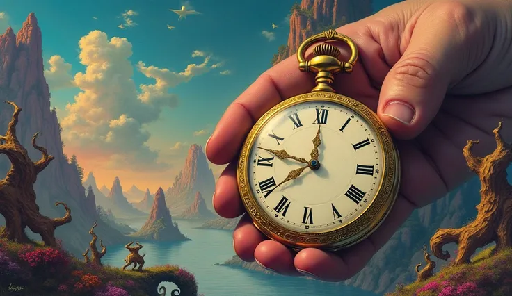 Roger Dean style painting of an antique pocket watch with rapidly spinning hands, a hands clenching a pocket watch in frustration