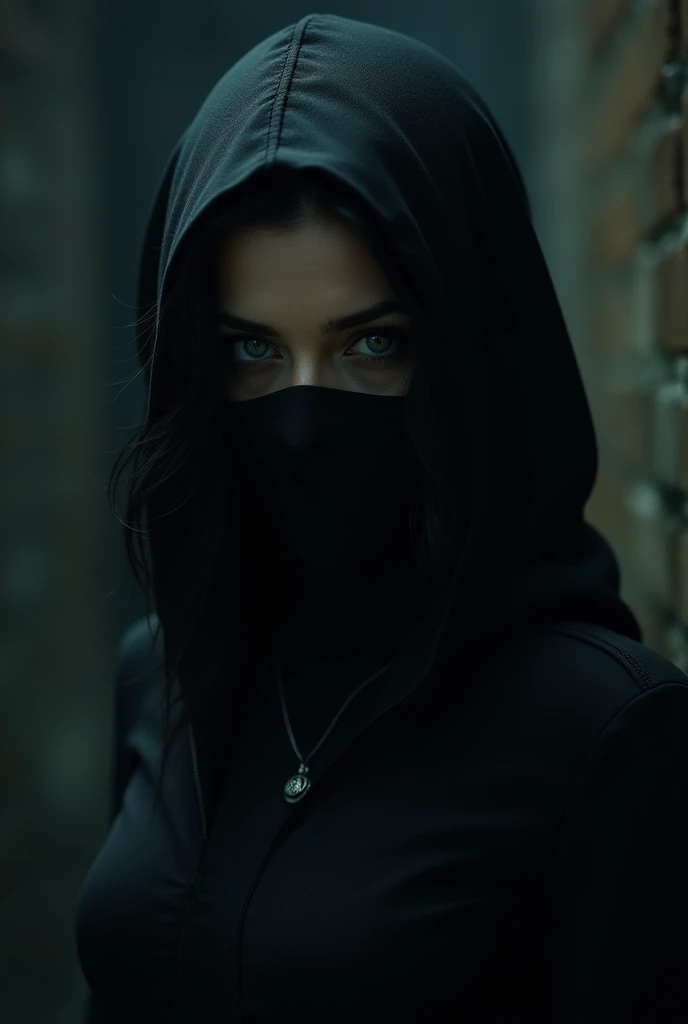 Raven Noir wears a ninja style face covering similar to Kakashi from the Naruto cartoon.. This cover covers most of her face., showing only sharp eyes—dark gray or dark green. Her jet black hair peeked out from behind the veil she wore, adds a mysterious i...