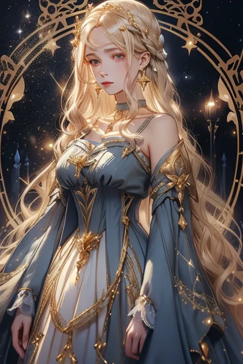 lamplight, beautiful woman, gold eyes, (detailed eyes, the eyes are bright), long blonde hair, pale-skinned, blue diamond earrin...