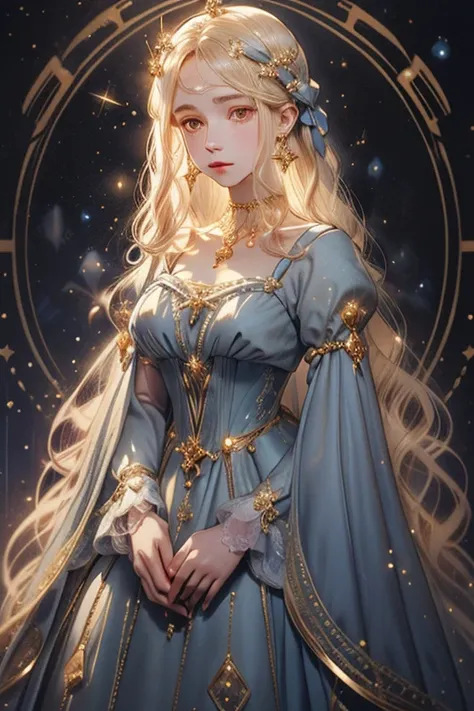 lamplight, beautiful woman, gold eyes, (Detailed eyes, The eyes are bright), Long blonde hair, pale-skinned, blue diamond earrings, blue diamond necklace, medium skin, dark blue dress, Meticulous gown of golden accessories on clothes, blue flowers on hair,...