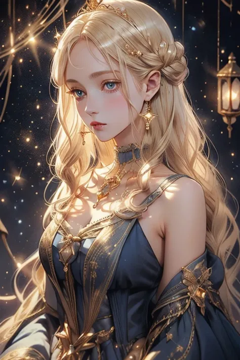 lamplight, beautiful woman, gold eyes, (detailed eyes, the eyes are bright), long blonde hair, pale-skinned, blue diamond earrin...