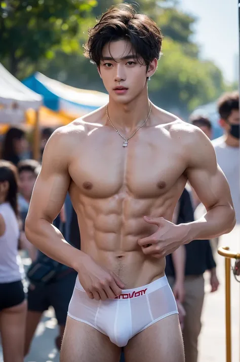 Crowded amusement park, amusement park light, crowded people, Very dirty Stain in his thong, Shaved armpits, Very detailed finger, dont merge body, Very young boy, teenager boy, (photorealistic, masterpiece, best quality), white pale skin, muscular man, hu...