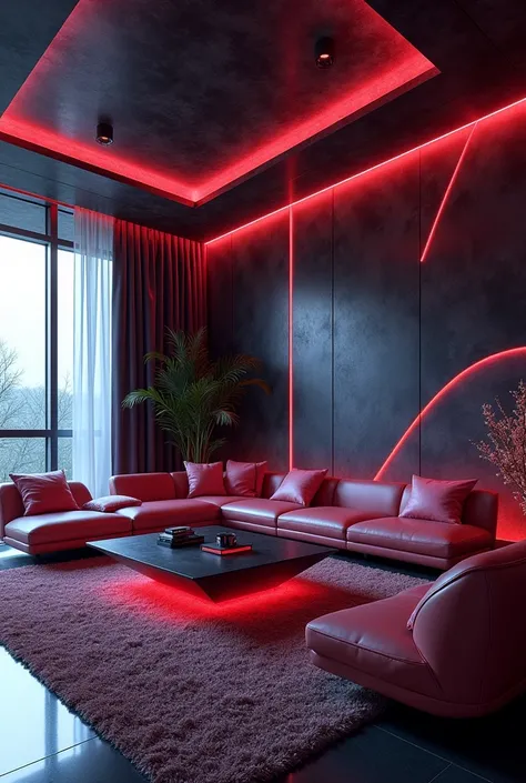 Please design me an extremely luxurious living room, modern and fully equipped. Futuristic design with mysterious colors