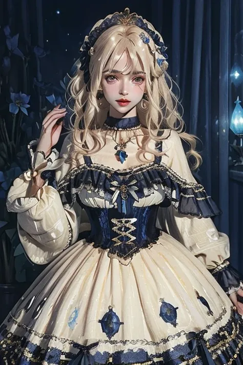 lamplight, beautiful woman, gold eyes, (Detailed eyes, The eyes are bright), Long blonde hair, pale-skinned, blue diamond earrings, blue diamond necklace, medium skin, dark blue gown, Meticulous dress of golden accessories on clothes, blue flowers on hair,...