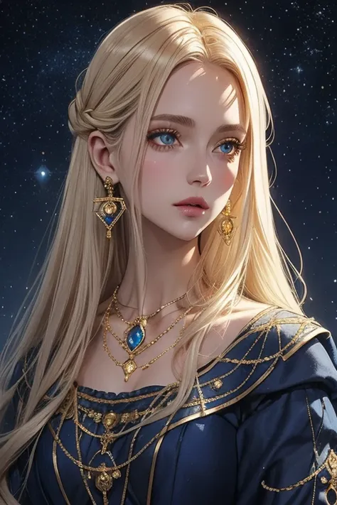 lamplight, beautiful woman, gold eyes, (detailed eyes, the eyes are bright), long blonde hair, pale-skinned, blue diamond earrin...