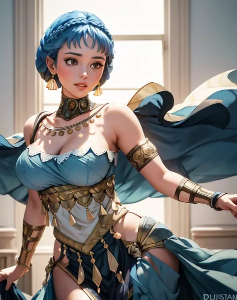 (best quality), (masterpiece), 1 girl, early 20s, huge heavy breasts, busty, perky breasts, thick, thick lips, wide hips, thin waist, marianneserene, crown braid, dancer, blue dress, pelvic curtain, earrings, armlet, shawl, bare shoulders