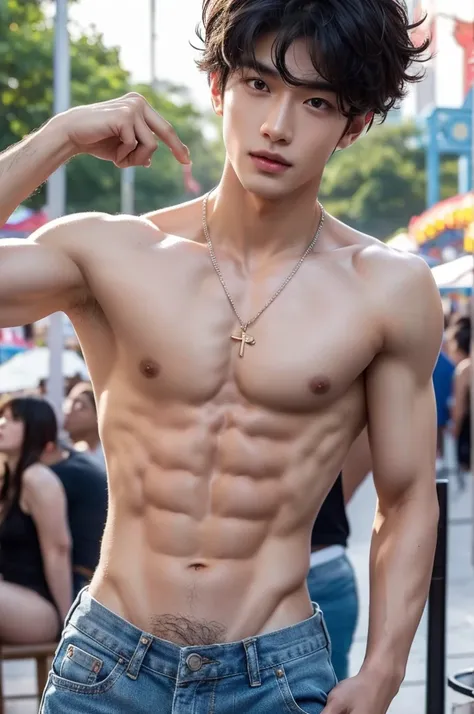 Crowded amusement park, amusement park light, crowded people, Very dirty Stain in his thong, Shaved armpits, Very detailed finger, dont merge body, Very young boy, teenager boy, (photorealistic, masterpiece, best quality), white pale skin, muscular man, hu...