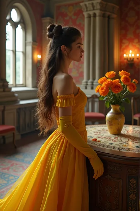 Brown long hair　With a bun on top、And then、Let your hair down　Wearing a yellow dress　Yellow gloves too　There is a table behind（On top of that is a bottle of roses) Inside the castle