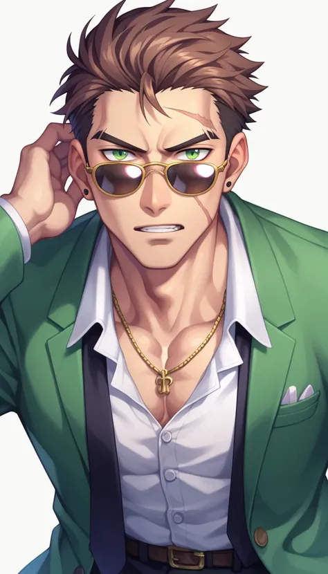 Anime Style, Yakuza, Japan Mafia, Scars on the face, Quietly angry, wild, One middle-aged man, Reddish brown hair, Green Eyes, Sharp Eyes, Frowning, Medium Hair, Calm. wise, Staggered sunglasses, Men&#39;s costume with gold dragon embroidery on black fabri...