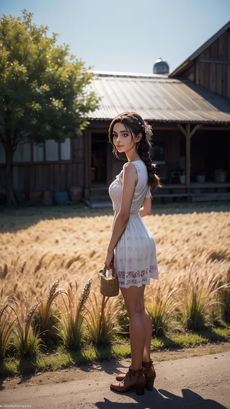 1 girl, 20 years, tall and attractive, wearing a cute country dress, braided hair, standing in a rustic farm setting. she has a ...