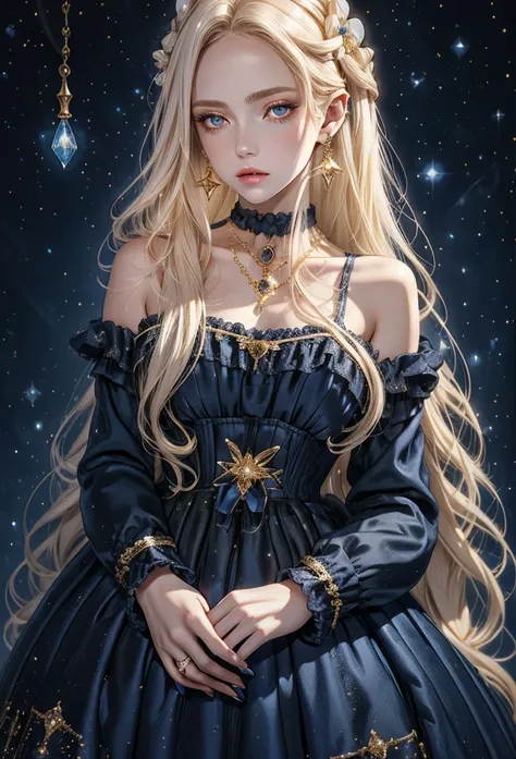 lamplight, beautiful woman, gold eyes, (Detailed eyes, The eyes are bright), Long blonde hair, pale-skinned, blue diamond earrings, blue diamond necklace, medium skin, dark blue gown, Meticulous dress of golden accessories on clothes, blue flowers on hair,...