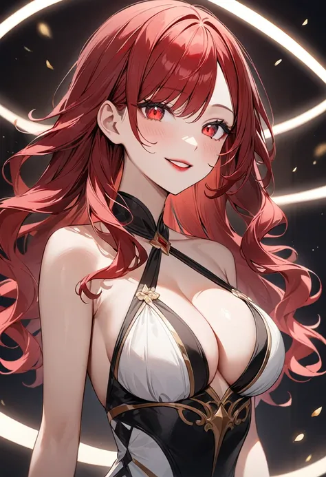 (masterpiece, top quality, very aesthetic, 4k、illustration), intricate detail, 1woman,solo,contrapposto 、(gradient eyes、tareme)、Strong glowing eyes、parted bangs,Fair skin,(cowboy shot)、Cool women、Cleavage、 smile、(red lipstick),beautiful face、(gradient hair...