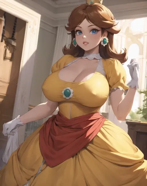 (best quality), (masterpiece), 1 girl, early 20s, huge heavy breasts, busty, perky breasts, thick, thick lips, wide hips, thin waist, princess daisy, blue eyes, brown hair, gold crown, yellow dress, skirt, white gloves, full dress, covered breasts