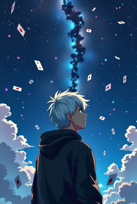 A man with white hair in a black windbreaker looking up at the starry night sky，The cards spun around him.，Anime style，Highly detailed，Film Lighting，dramatic，（Best quality，4K，8k，high resolution，masterpiece：1.2），Ultra Detailed，（lifelike，Photoreal，Photoreal：...