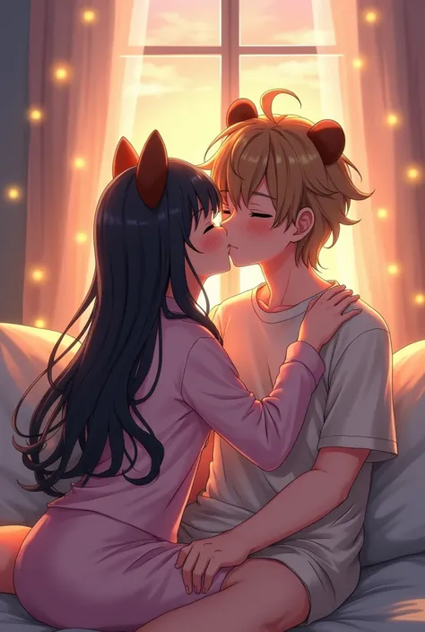 An anime woman with long black hair and brown cute bear ears and she is kissing an anime man with brown-blonde hair on his cheek and he is slightly blushing and they are wearing pyjamas 