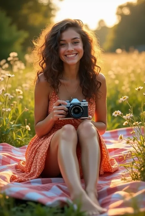 A brunette girl with curly hair and big breasts sits with her legs stretched out, taking a realistic photo