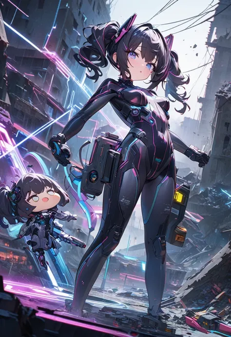 cute anime chibi characters, motivated and energetic poses, (attractive and seductive) and (amorous and lewd) expression, great body proportion, wearing cyber machine suit with neon lines, background tornado, iridescent lightning, ruins, analyzer, lab, con...