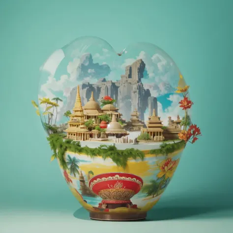 A bowl in red yellow shades, flattened to the bottom, wide stands on a bedside background, over a bowl an island with two ancient temples, a little vegetation, high detail, bright juicy shades,minimalistic style,  realistic image, bright colorful illustrat...