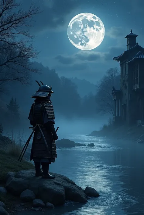 Samurai with a river and ruined houses at night 