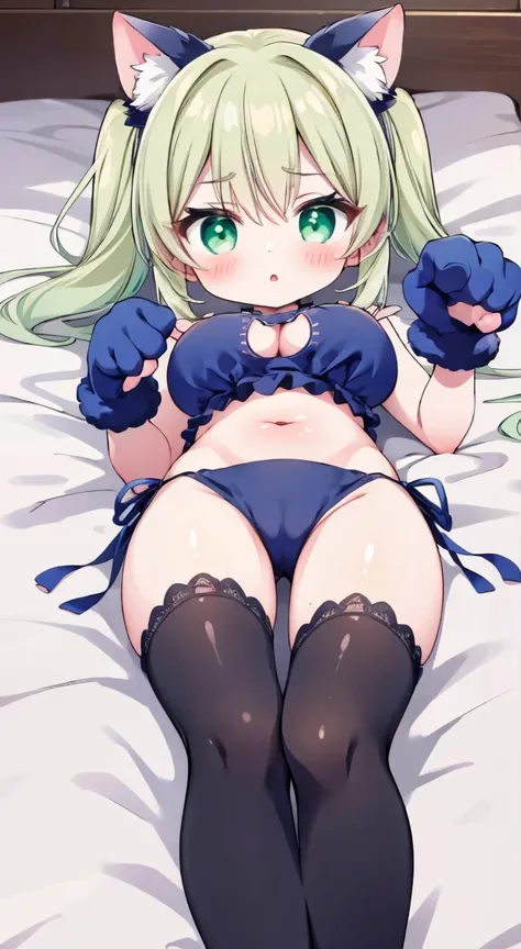 (((Emeraldgreen colored cat lingerie1.3))),Side tie panties,The ribbon is lovely, Ribbon Panties,Cats are good, Lace panties,Twin tails,blush, full-face blush,masterpiece, Highest quality, (anime screencap:1.3),(shape), cute,(Simple:1), (anime:1.2),Solo Sh...