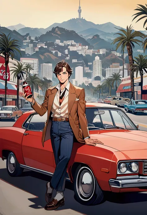 man retro America style 1970-1990, short hair, Hollywood background, car,Hollywood, Coca-Cola