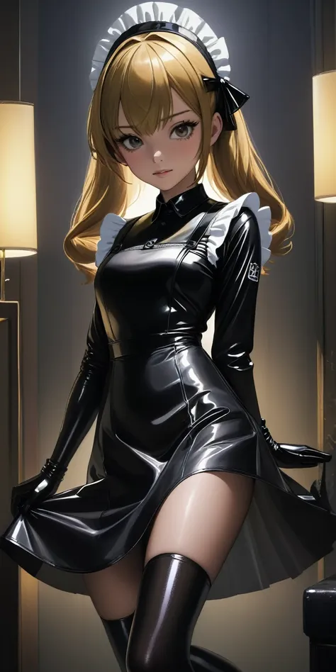 Portraiture、(masterpiece,Highest quality,Ultra-high resolution),Japanese women, Maid Headband、(((A very beautiful 25 year old))),(Black Latex Maid Clothing)、(((A long, tight black latex skirt)))、(A long-sleeved black latex shirt covering the upper body)、Bl...