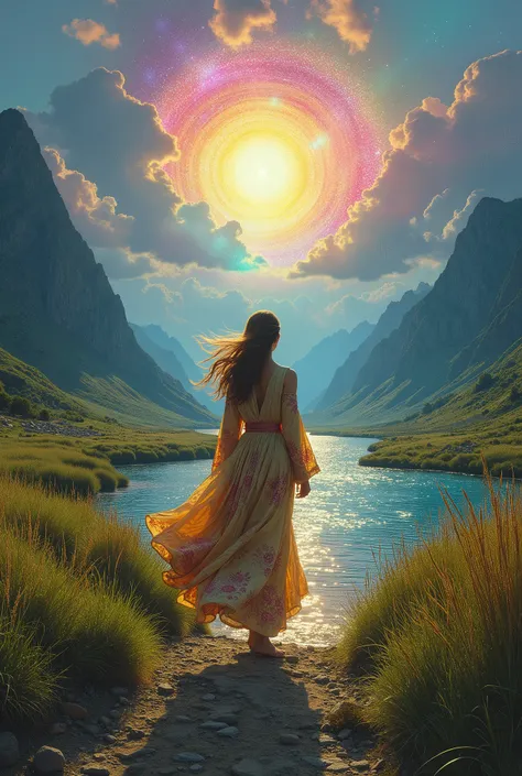 woman passing through a portal to another dimension, intermediate lands, ancient clothes, incredibly beautiful landscape, tall grasses, mountain rivers, iridescent clouds,