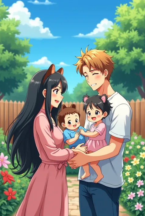 An anime woman with long black hair and brown cute bear ears and she is holding her baby son in her arms and she is standing with her husband he has brown-blonde hair and he is holding his toddler daughter and they are standing in their backyard 