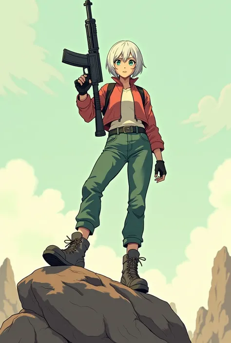 minimalist anime style, young adult woman, with one blue eye and one green eye, short white hair.
He is wearing a retro post apocalyptic Fallout style suit..
legs: He stands with one leg forward and bent on a rock, The other leg is slightly back, stretched...