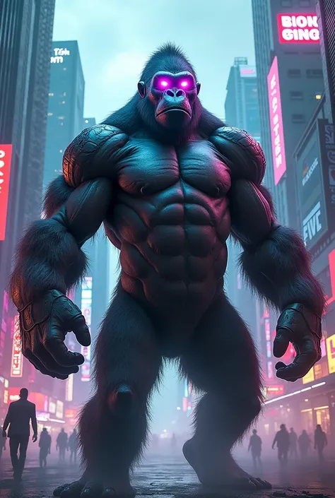 King kong anger looking with cyborg costume with helmet glowing led lights in cyberpunk scenery with blue and pink colours