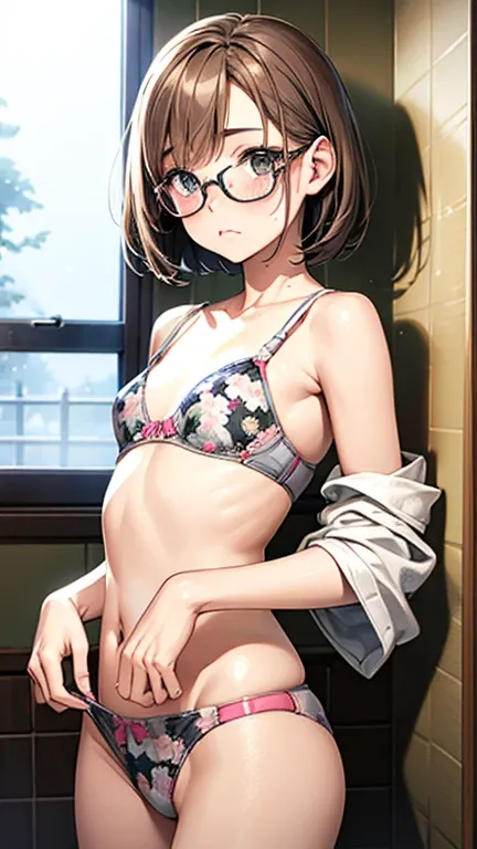 Highest quality、Realistic、、Japanese、zoom、man、cute、Grey Eyes、Light brown hair、Bob Hair、White character print bra White character print panties、thin、Small breasts、Pouting、freckles、Glasses、shower room、Cowboy Shot