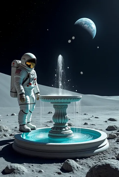 An astronaut stands next to a magical fountain emitting water on the Moon, tossing a coin and watching it slowly fall into the sparkling water.