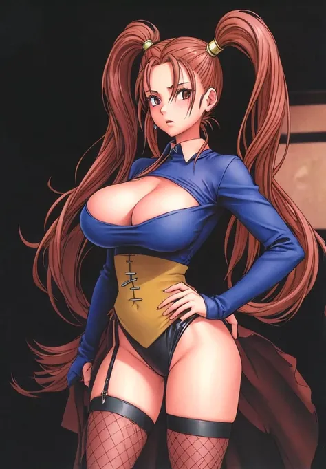 Jessica, a big-breasted, beautiful-legged girl with twin tails, is standing in a casino wearing a black high-cut bunny suit and fishnet stockings with her hands on her hips.。