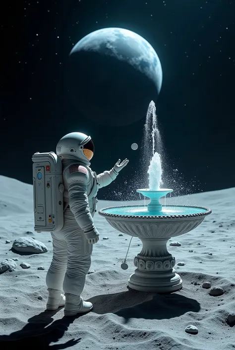 An astronaut stands next to a magical fountain emitting water on the Moon, tossing a coin and watching it slowly fall into the sparkling water.