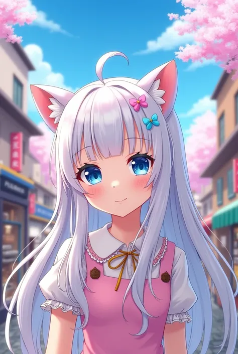 Young girl with long white hair, cat ears, blue eyes, anime, flirty clothes