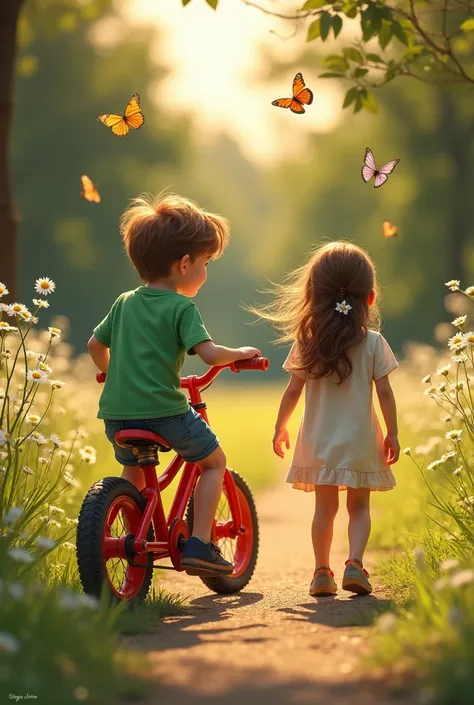 A boy with his bike waiting for a girl and once she came they had a stong eye contact 