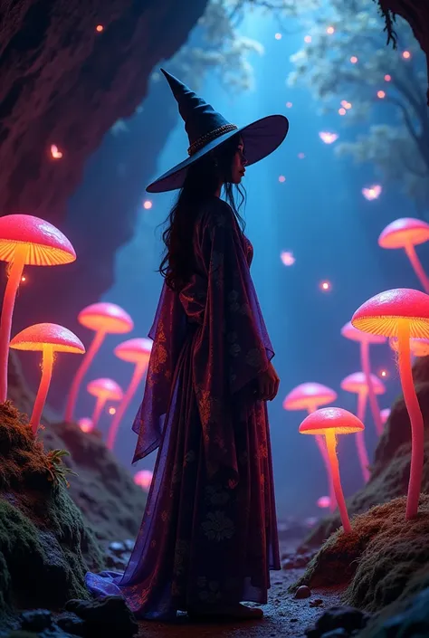 A Japanese witch with a pointy witch hat and a witch dress mixed with a kimono, she is in a cave with mushrooms with neon lights while little fairies are flying around the cave. 真实感. High definition.