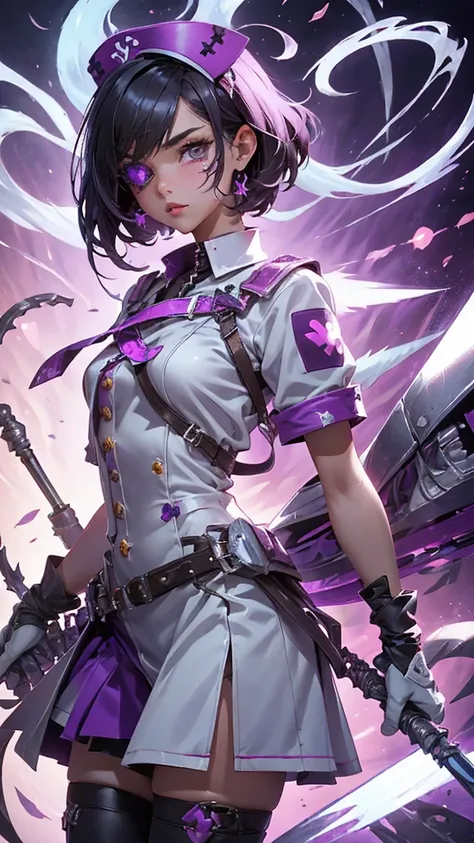 A beautiful girl wearing a white high-necked punk nurse outfit（20-year-old）She has an eyepatch with a heart mark on one eye, black hair, purple inner color, and short hair.