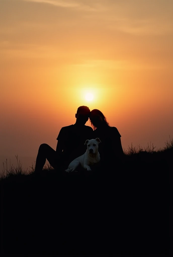 Minimalist silhouette of a couple sitting watching the sunset in black and white together with a white mixed breed dog