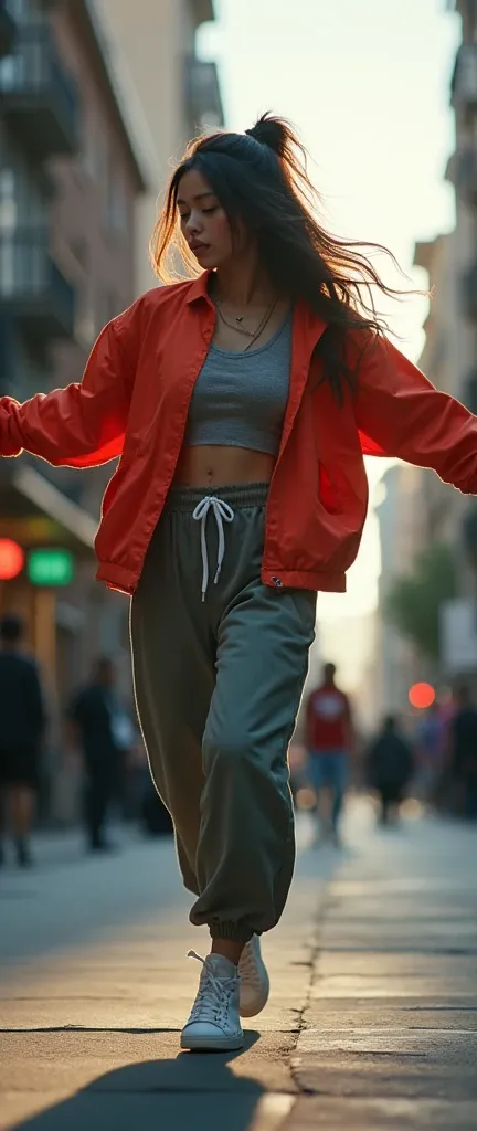 1 asian female, 90s streetstyle hiphop fashion, baggy thick edgy loose tracksuit over loose shirt, Melbourne shuffle shuffling footwork, medium shot, 1990s, photorealistic, (best quality,4k,8k,highres,masterpiece:1.2),ultra-detailed,(realistic,photorealist...