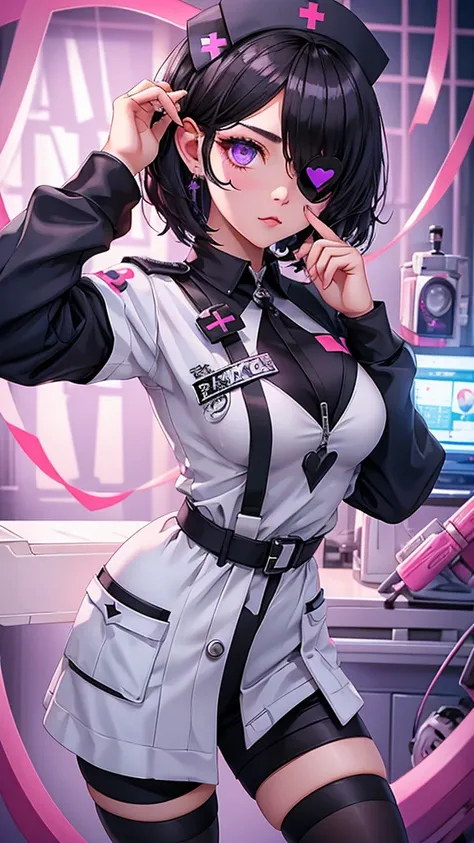 A beautiful girl wearing a white high-necked punk nurse outfit（20-year-old）She has an eyepatch with a heart mark on one eye, black hair, purple inner color, and short hair.