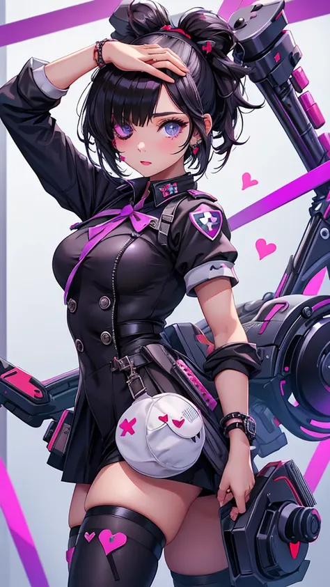 A beautiful girl wearing a white high-necked punk nurse outfit（20-year-old）She has an eyepatch with a heart mark on one eye, black hair, purple inner color, and short hair.