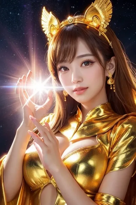 Golden Goddess Flyer, Majestic Goddess of Love and Magic, Her hands are glowing with a mysterious power.Her hands are warm and inviting.Her presence is a ray of hope and joy...Her golden aura is、It is a shining golden aura of love and protection...Shooting...