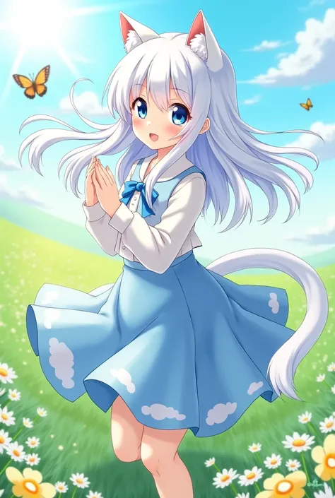 Long white haired teenager with blue eyes and cat ears anime girl wearing a blue skirt and a hat