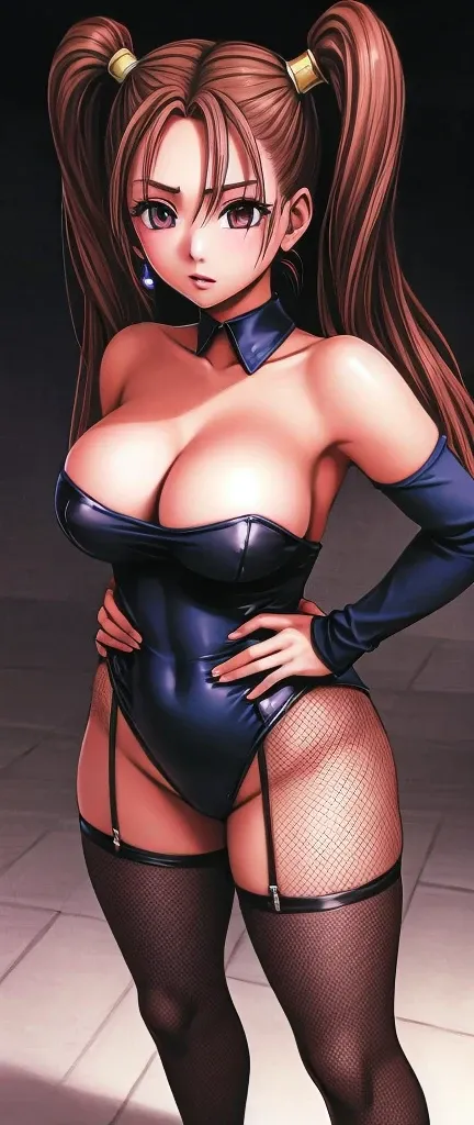 Jessica, with her large breasts, beautiful legs, and twintails, is standing with her hands on her hips, wearing a black high-cut bunny suit and fishnet tights.。Angle from the front。