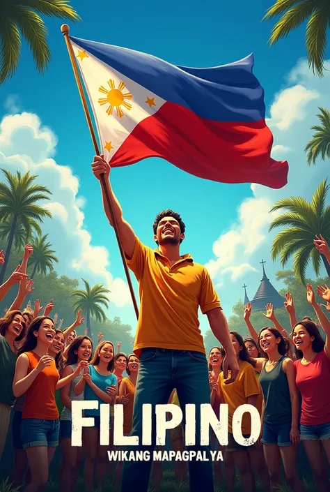 filipino wikang mapagpalaya poster proudly holding the Philippines flag with many people
