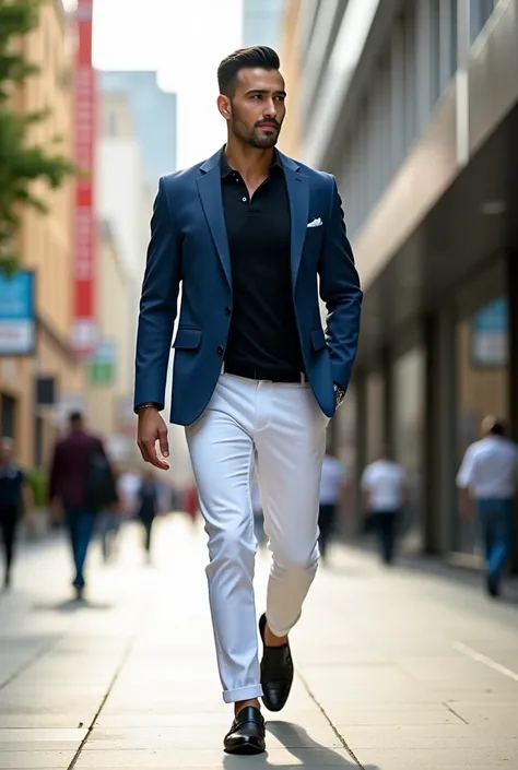 фото full length идущего по городу мужчины, Medium height, 35 years, black hair, Sports figure, broad shoulders, a neat stylish hairstyle, wide cheekbones, blue blazer, Black polo shirt, White pants, Black Loafers, walking through the city, looks ahead, St...