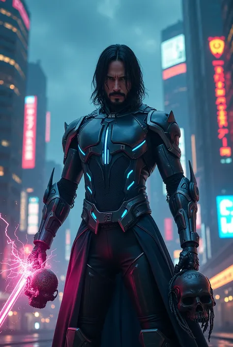 John Wick+Cyber Armor+Holding a Cyber Sword+Fire Power Hand+Holding a cyber figure head